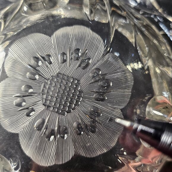 Vintage European Cut Crystal Round Floral Etched Tri-Footed Thick Bowl - Picture 12 of 13